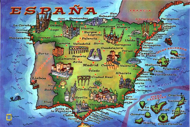 Mapa de España con algunos monumentos importantes